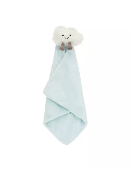Light blue Jellycat soother with white fluffy smiling cloud attached