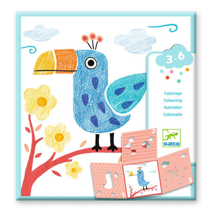 Animal Stencil Set with three-fold design showing colorful animal artwork created by children using the step-by-step stenciling method