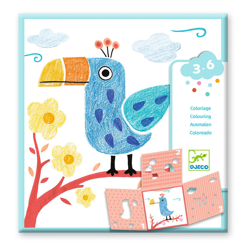 Animal Stencil Set with three-fold design showing colorful animal artwork created by children using the step-by-step stenciling method