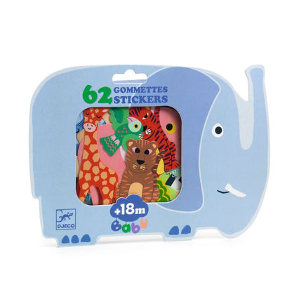 Safari Animals 62 Sticker Set featuring colorful African wildlife stickers including lions, elephants, giraffes, zebras, and other safari animals for kids' crafts and activities