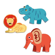 Three colorful animal cutouts of a lion, hippo, and elephant on a white background