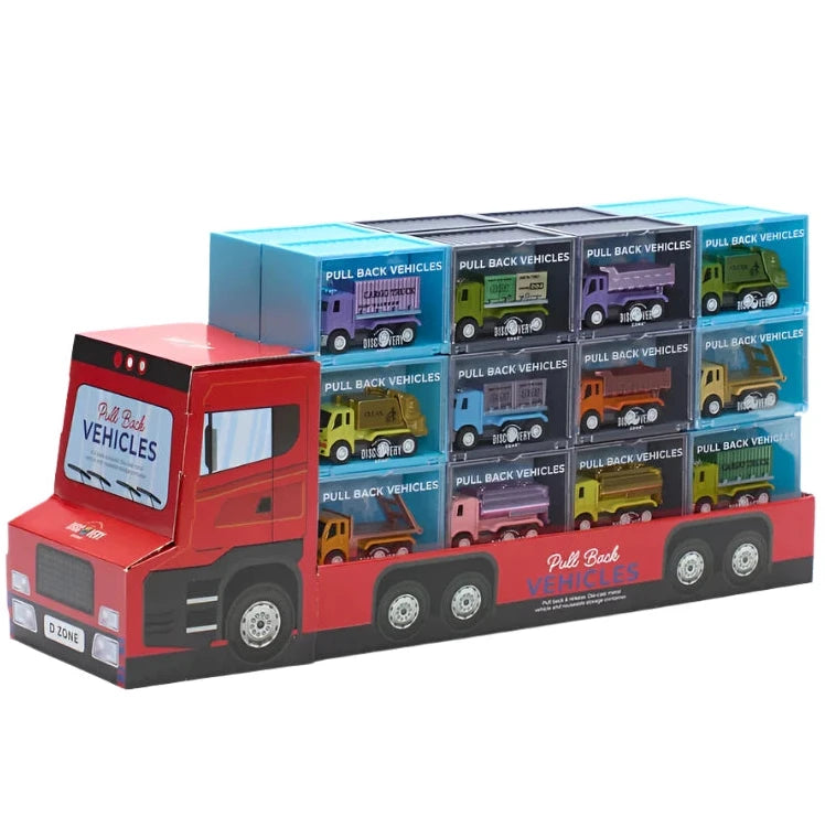 Small die-cast metal pull-back vehicles in assorted designs and colours, each packed in a plastic container designed like a shipping container. Vehicles are displayed in a red cardboard retail box shaped like a semi-trailer