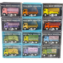 Small die-cast metal pull-back vehicles in assorted designs and colours, each packed in a plastic container designed like a shipping container.