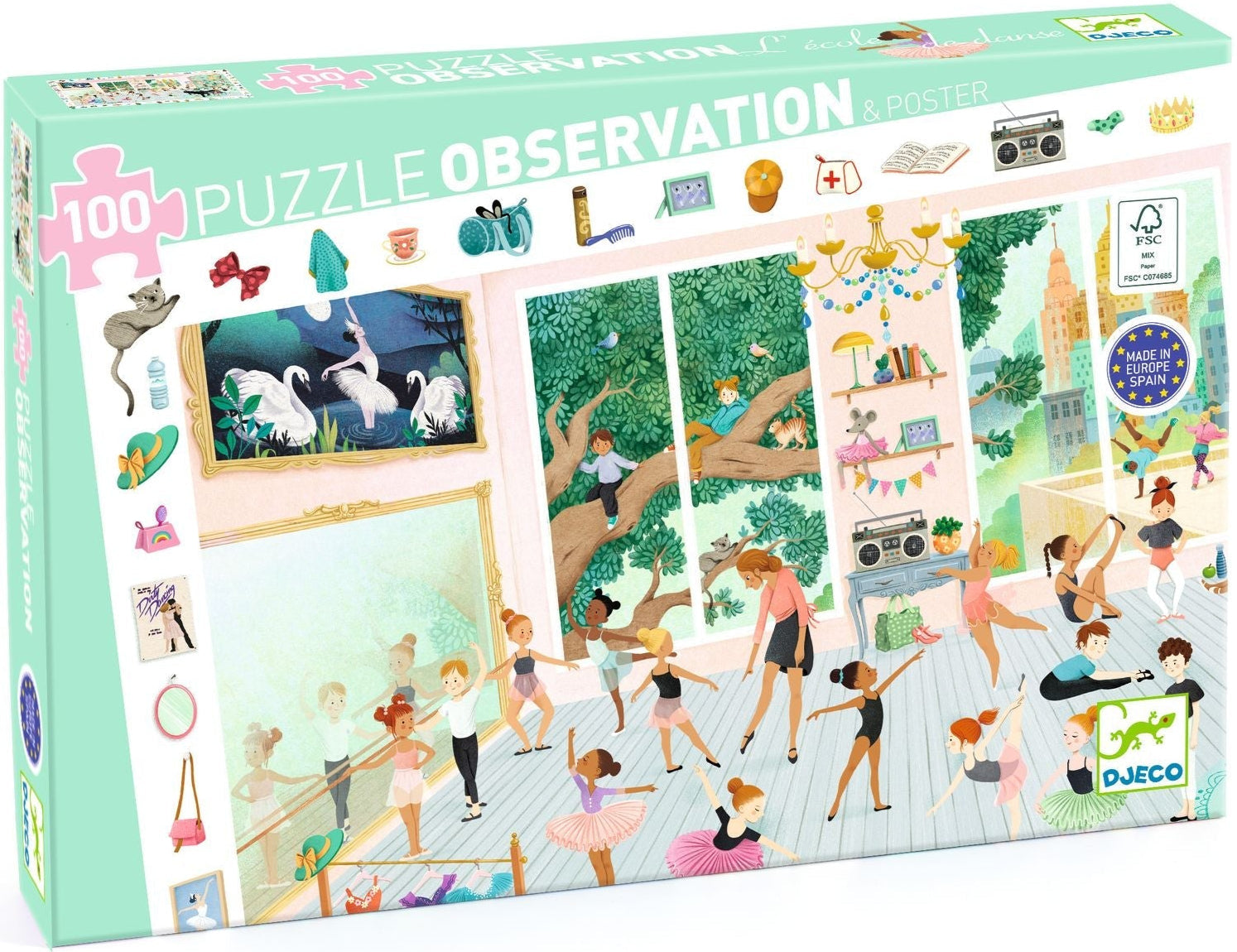 100-piece observation puzzle depicting illustration of children attending a ballet dance class, pretty pastel colours