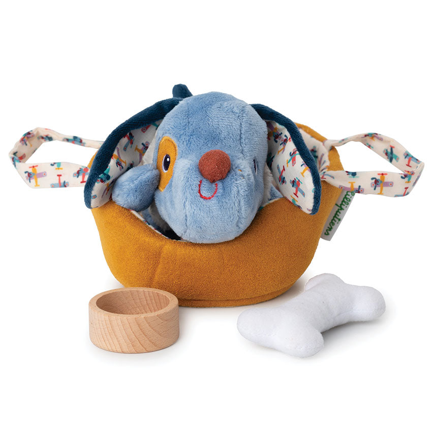 Children's toy set with a plush elephant, wooden cup, and bone on a white background