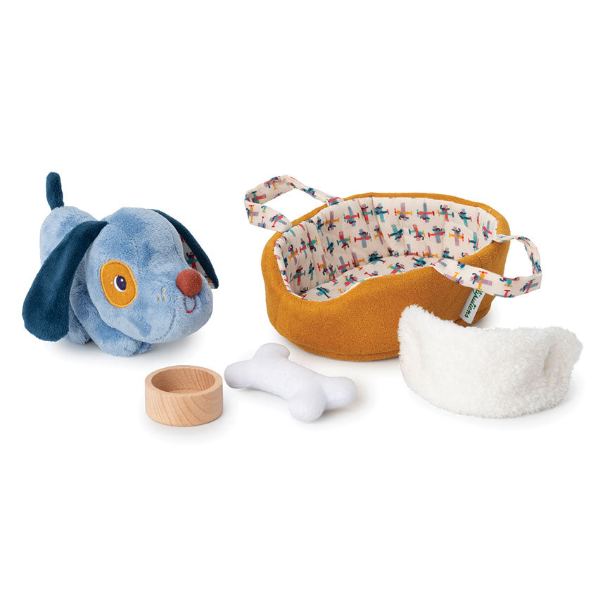 Dog-themed toys including a plush dog, basket, and bone on a white background