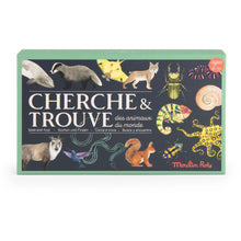 Board game box titled 'Cerche et Trouve' with animal illustrations on a white background