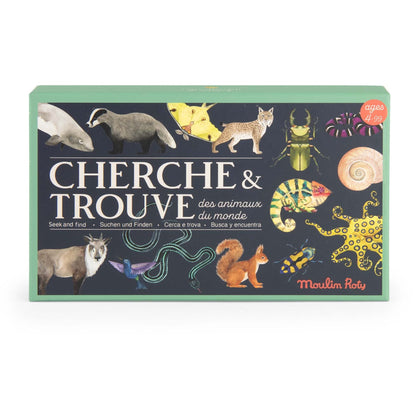 Board game box titled 'Cerche et Trouve' with animal illustrations on a white background