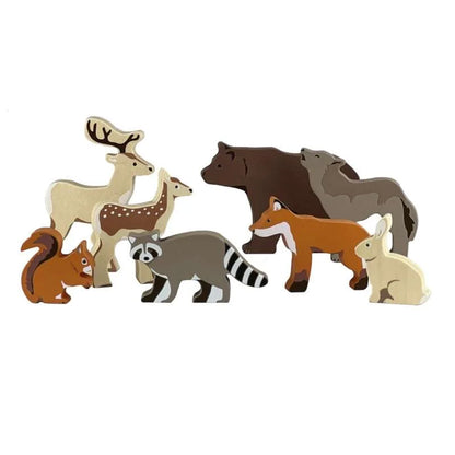 Set of wooden animal figurines on a white background