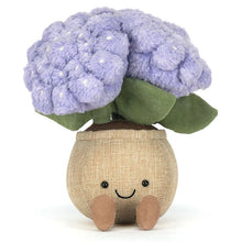 Toy Hydrangea plant with a smiling face on a white background