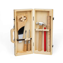 Wooden tool set with various tools inside an open wooden box on a white background