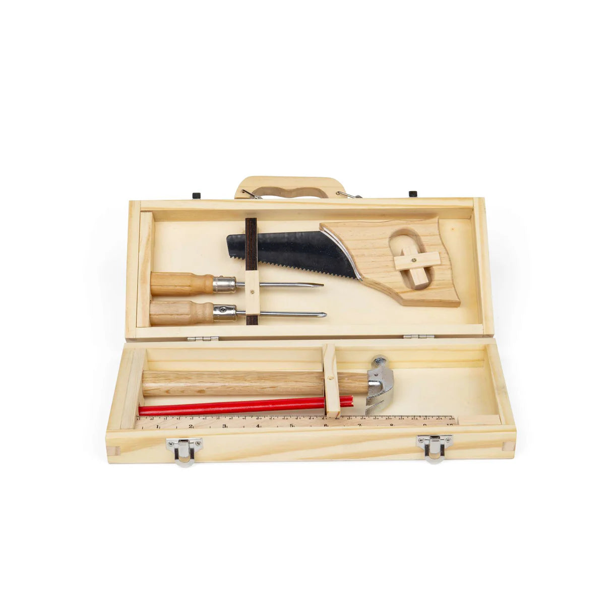 Wooden tool set with various tools inside an open wooden case on a white background