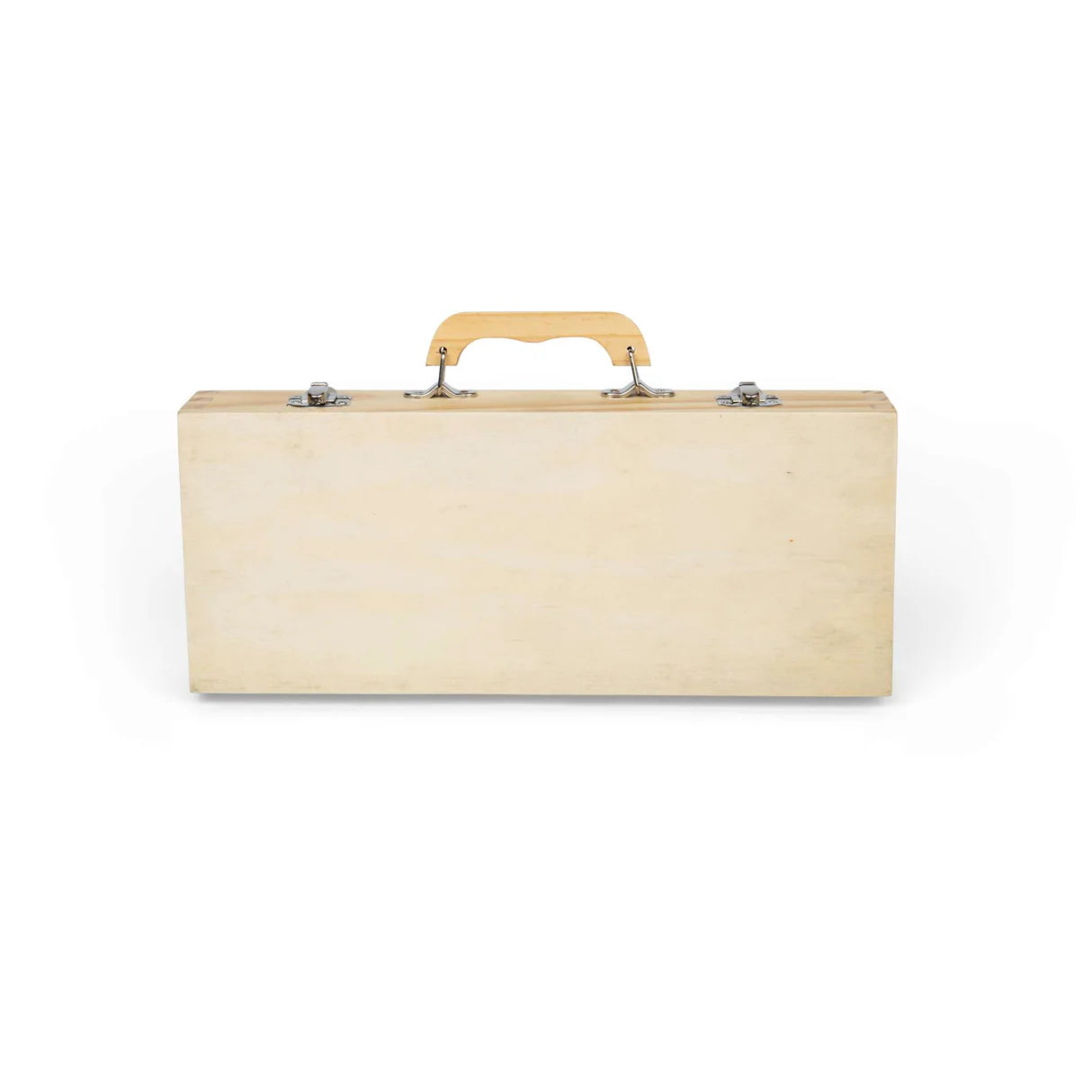 Wooden suitcase with a handle on a white background