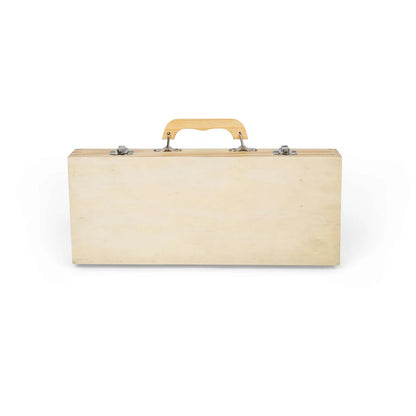 Wooden suitcase with a handle on a white background