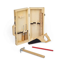 Wooden tool set with a box, hammer, saw, and other tools on a white background