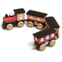 Wooden toy train set with red and black design on a white background