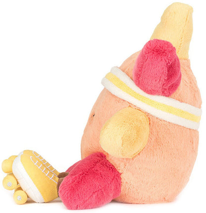 Jellycat plush toy resembling a sun with pink ends and yellow shoes on a white background