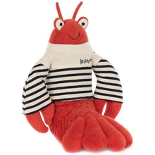 Plush toy lobster with striped shirt on a white background