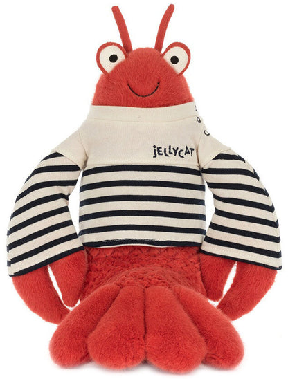 Plush toy lobster with a striped shirt on a white background, featuring the Jellycat brand.
