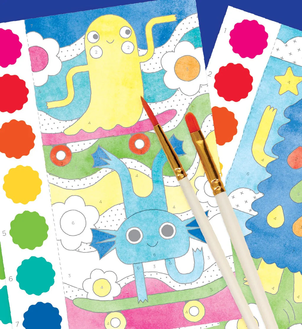 Coloring book with cartoon characters and paintbrushes on a blue background