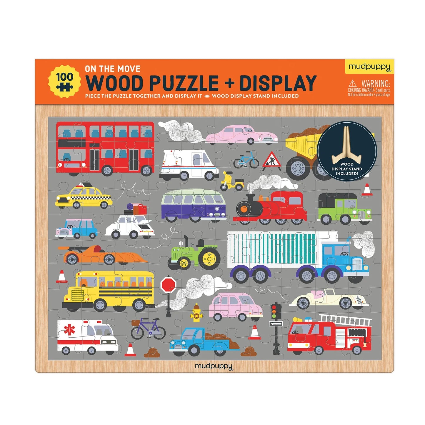 Wooden puzzle with colorful illustrations of vehicles and traffic signs, featuring Mudpuppy branding.