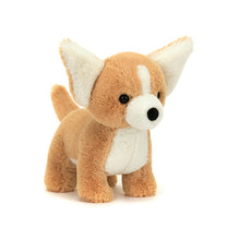 A plush toy resembling a Chihuahua with honey brown fur and vanilla white patches, featuring flared ears and a suedette nose.