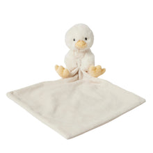 Cream duck soft toy, yellow beak, holding small blanket