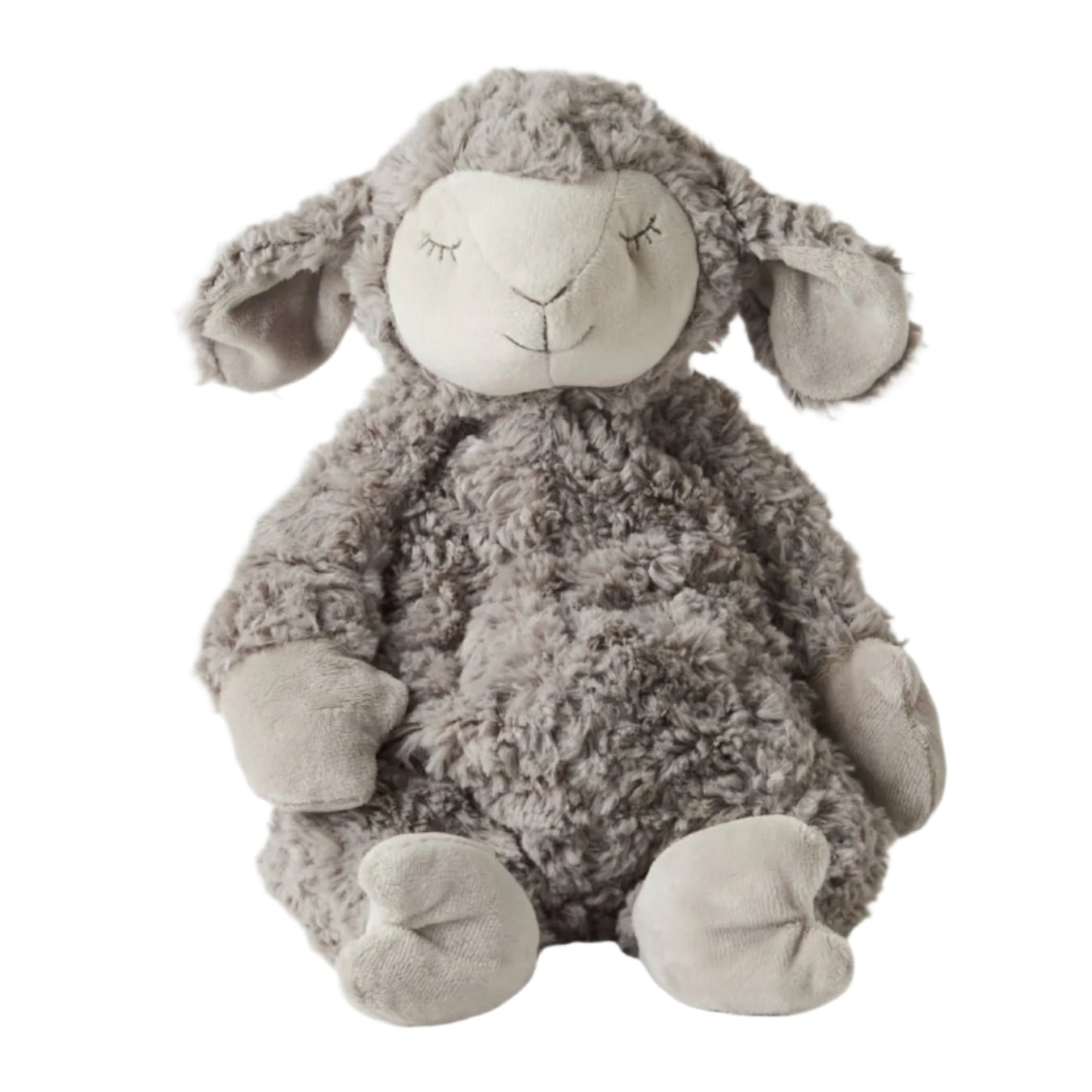 A plush toy resembling a sheep with floppy arms and legs, primarily in gray color.