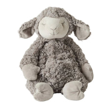 A plush toy resembling a sheep with floppy arms and legs, primarily in gray color.