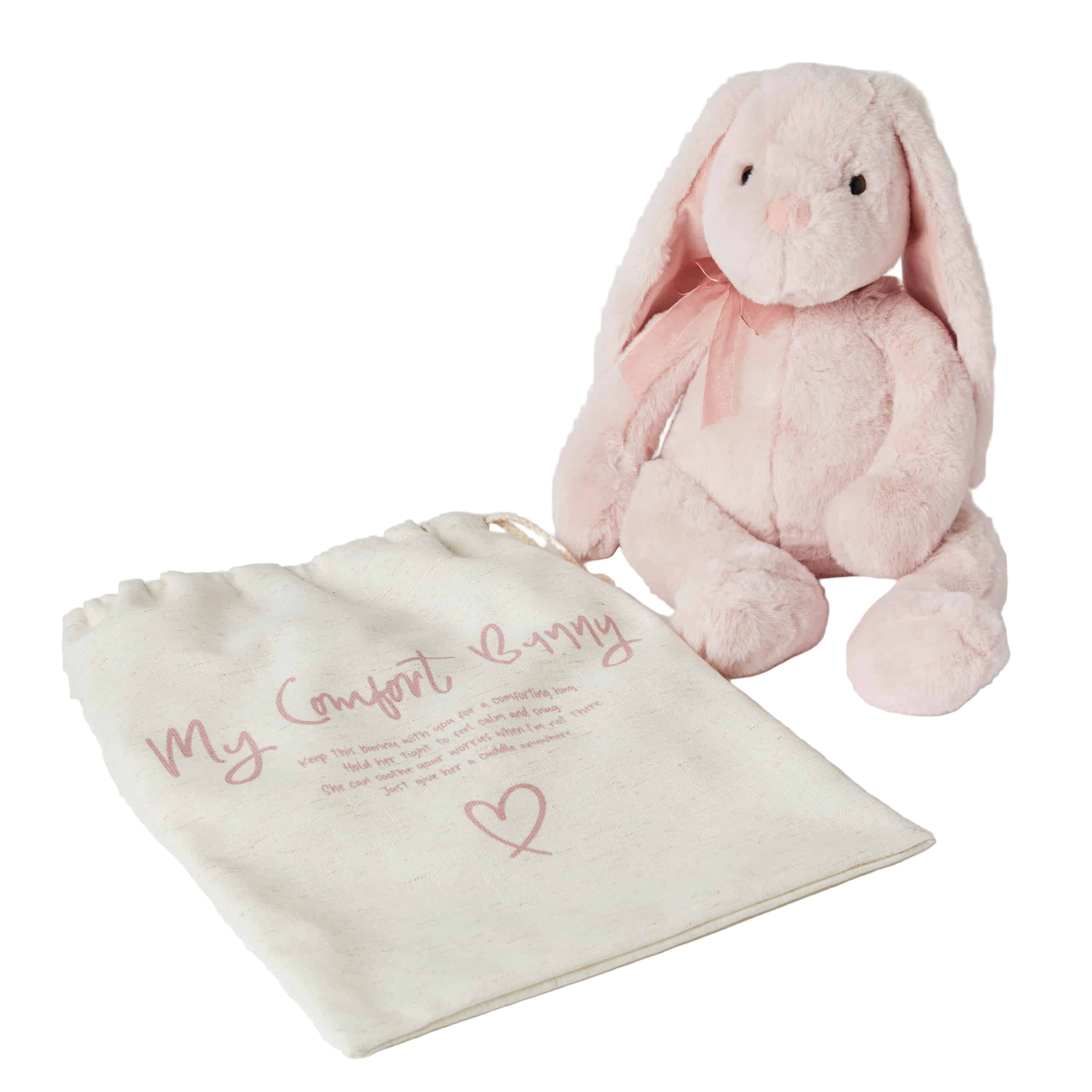Pink plush bunny and white blanket with text on a light gray background