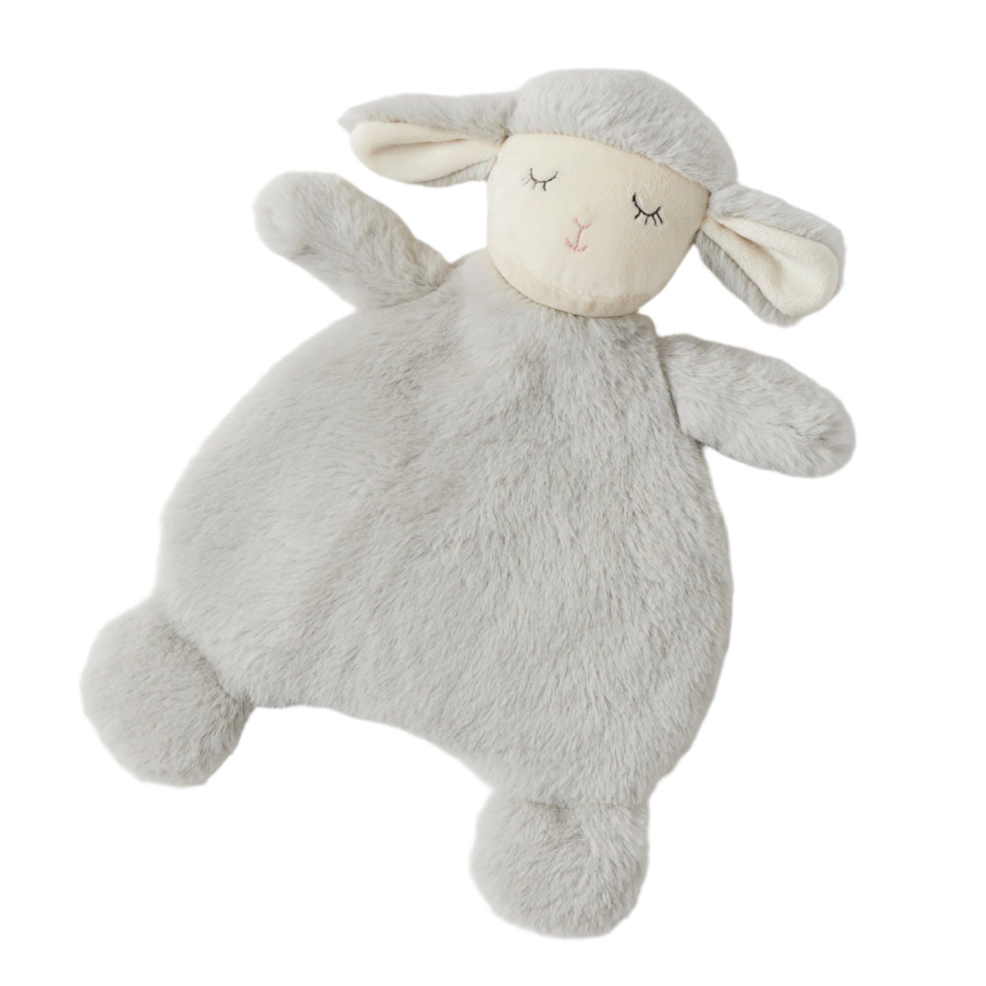 A plush gray sheep with a soft, textured body and a small, closed eye lid for a face.