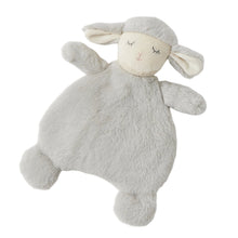 A plush gray sheep with a soft, textured body and a small, closed eye lid for a face.