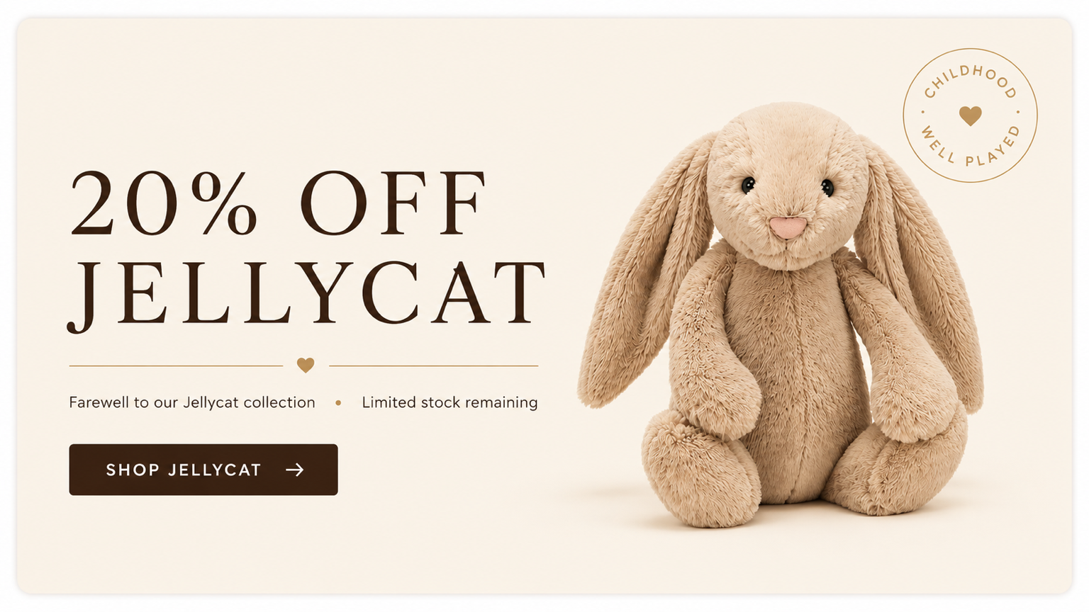 Beige stuffed bunny toy with Jellycat branding and text 20% off Jellycat on a beige background