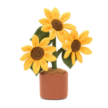 Jellycat Amuseables Potted Sunflower plush toy featuring a cheerful sunflower with embroidered face in a fabric pot