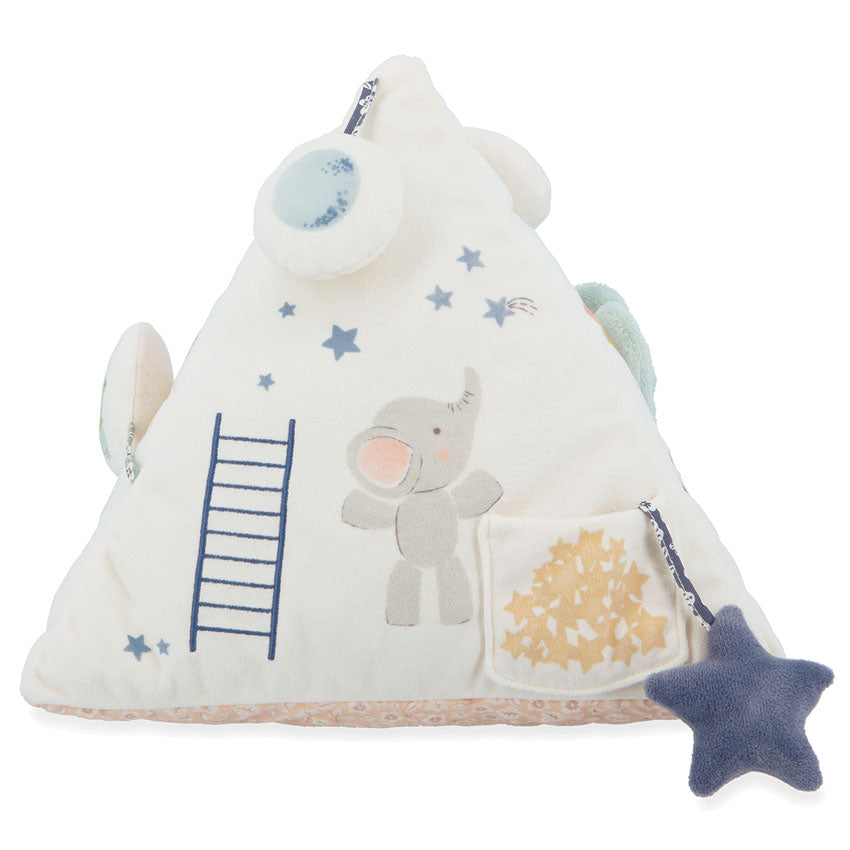 Children's pillow with elephant design, stars, and ladder on a white background