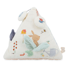 Triangle-shaped plush toy with rabbit and bird design on a white background