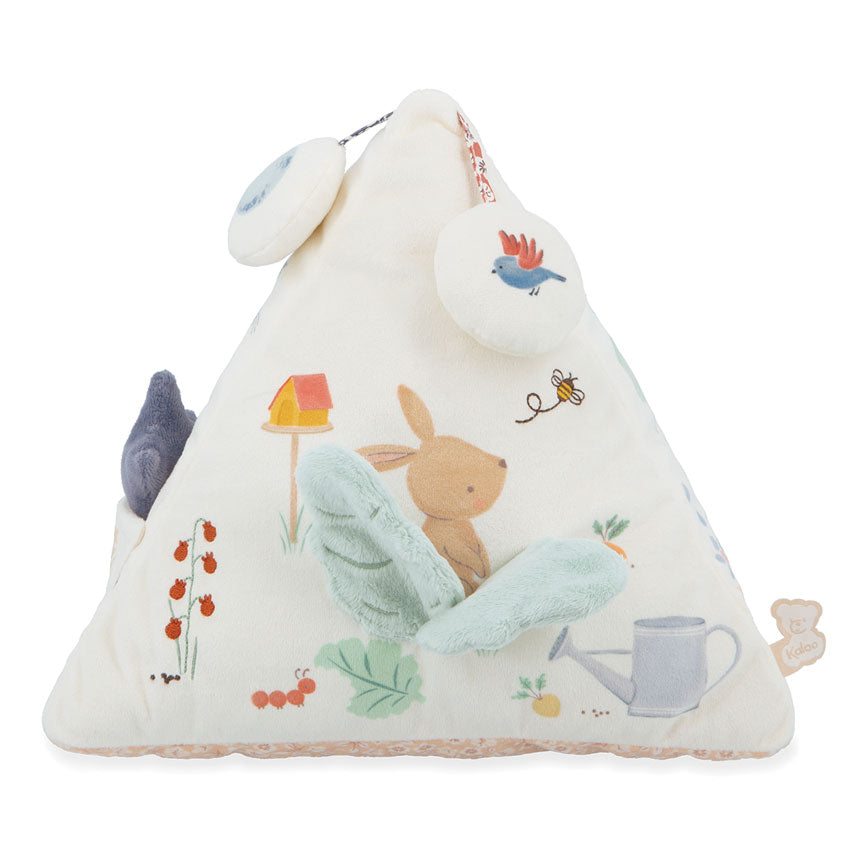 Triangle-shaped plush toy with rabbit and bird design on a white background