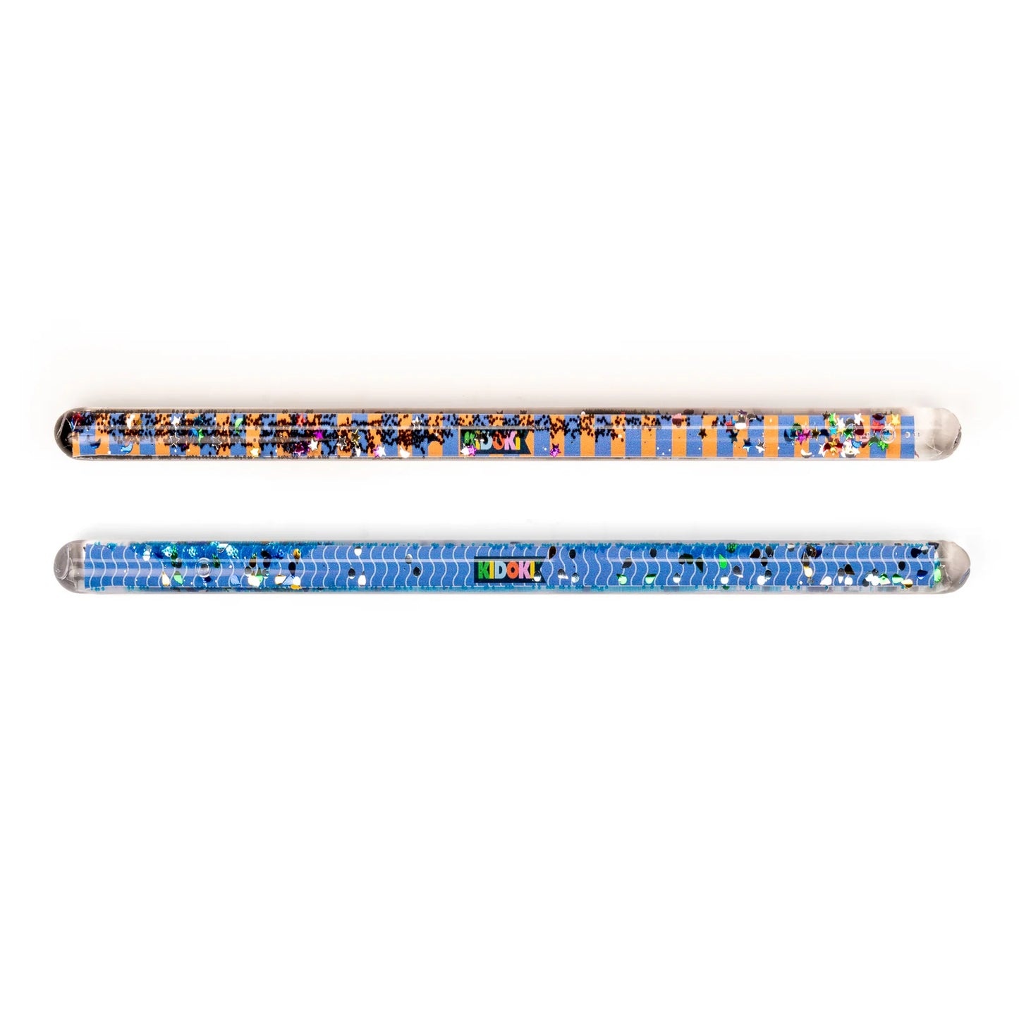 Two glittery toy wands, one with a blue handle and silver glitter, the other with a yellow handle and silver glitter, against a white background.