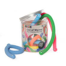 A clear plastic jar with six multicolored, stretchy worms designed for sensory play. The worms appear to be safe, non-toxic, and made of a soft, flexible material.