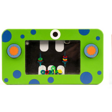 Bright green wooden water game, bright orange control buttons, friendly monster graphics