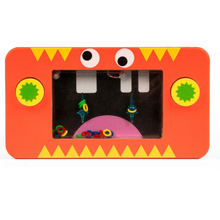 Red wooden water game, bright orange control buttons, friendly monster graphics