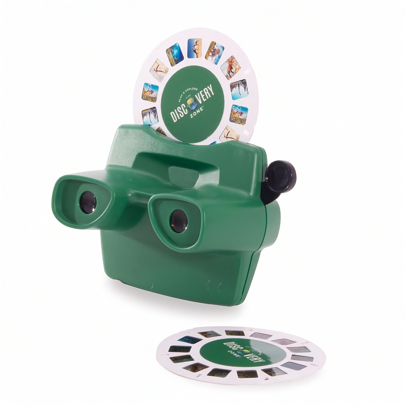 Green View-Master with two reels on a white background