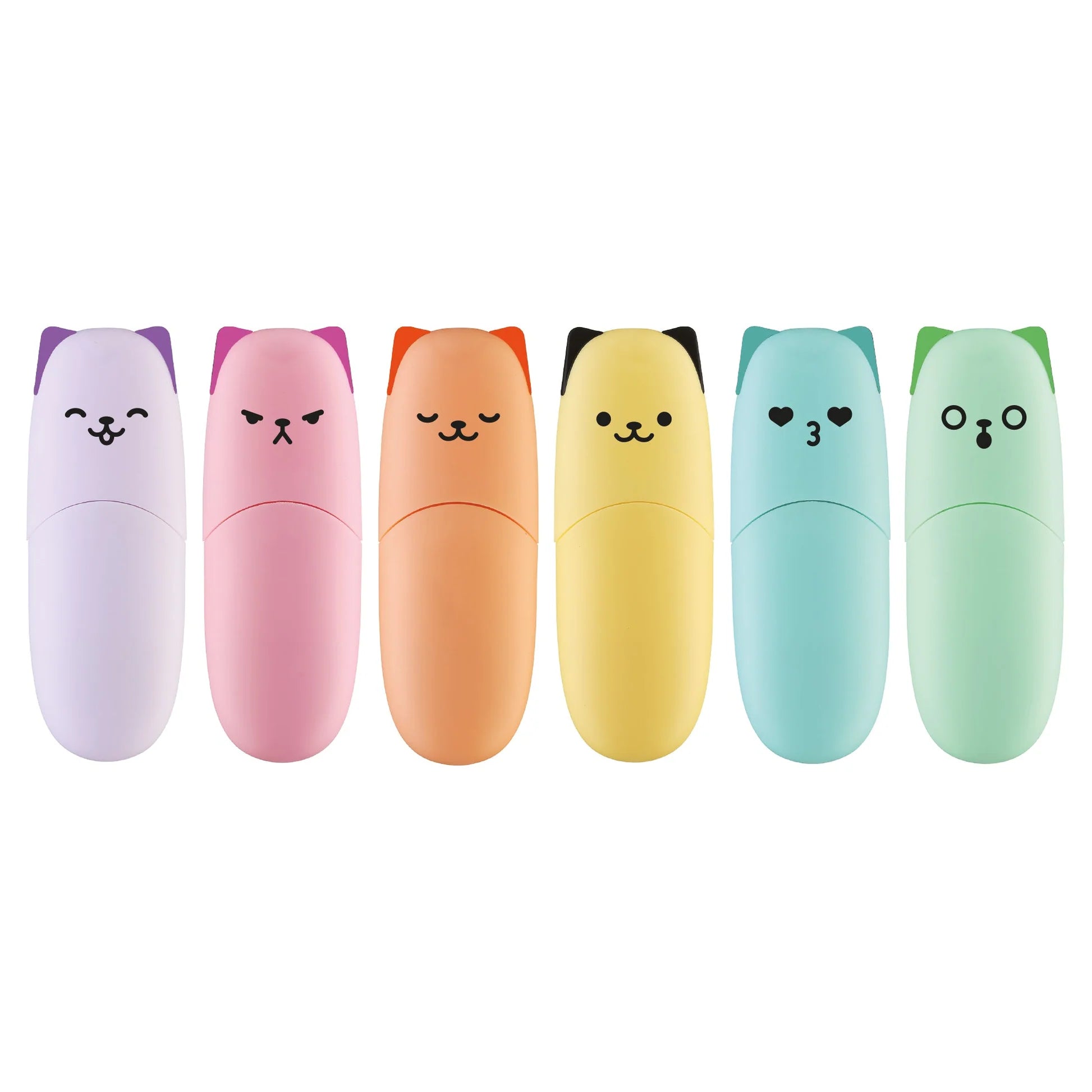 Set of six colorful cat-shaped stationery items on a white background
