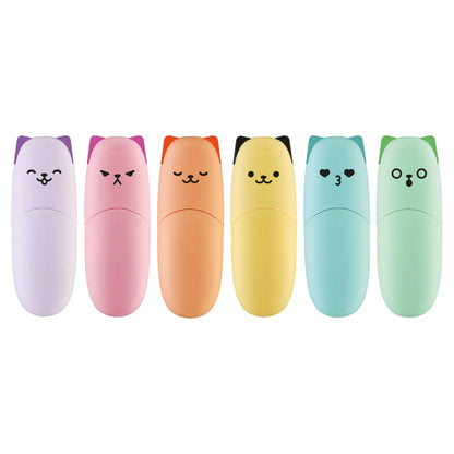 Set of six colorful cat-shaped stationery items on a white background