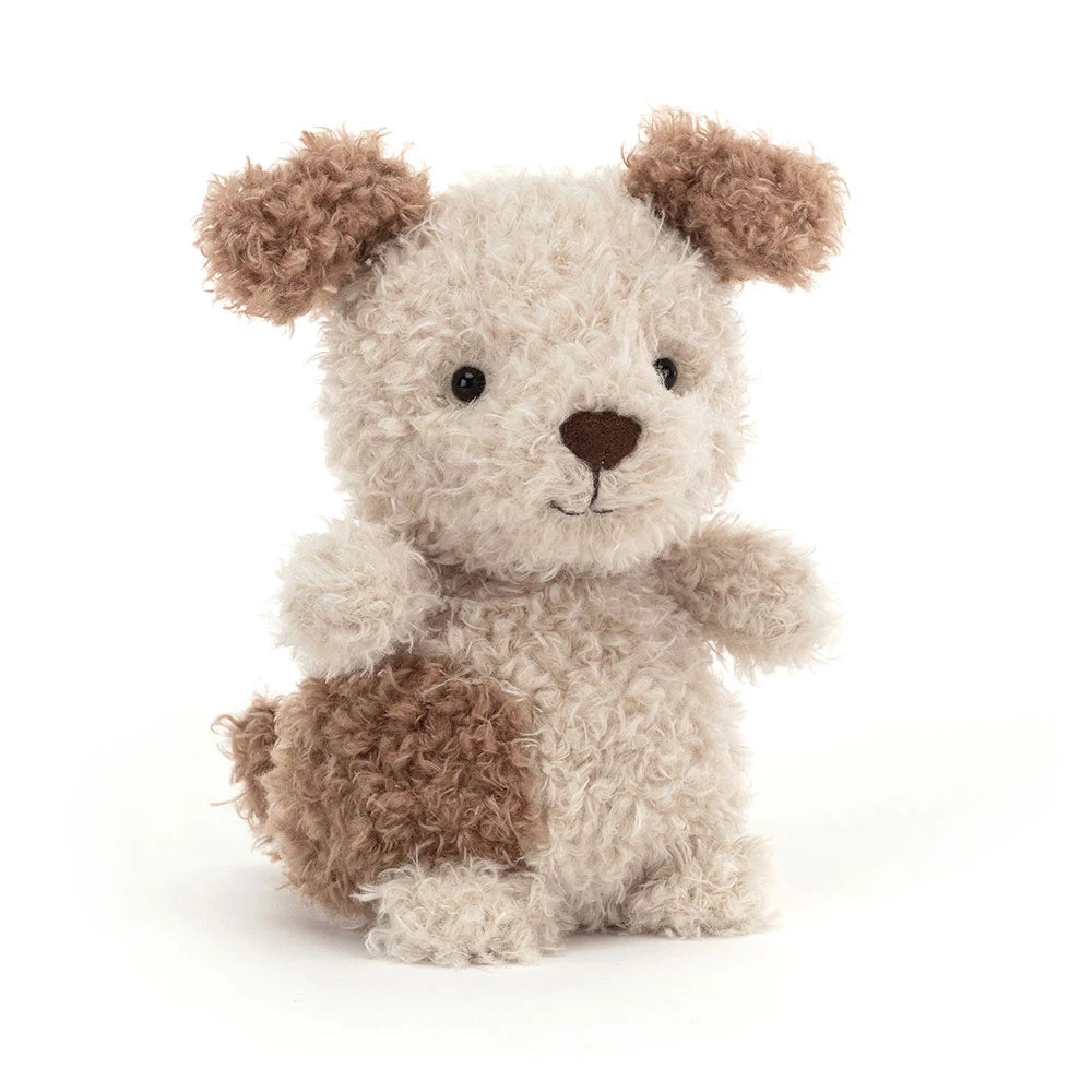 Jellycat Little Pup stuffed animal toy with brown and beige fur on a white background