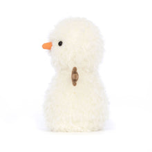 White fluffy Jellycat soft toy resembling a snow man with an orange nose on a white background
