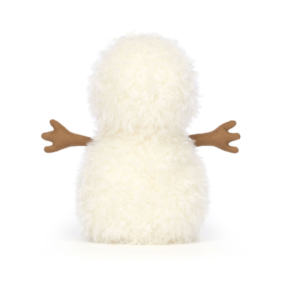 White plush toy resembling a snowman with brown arms resembling twigs