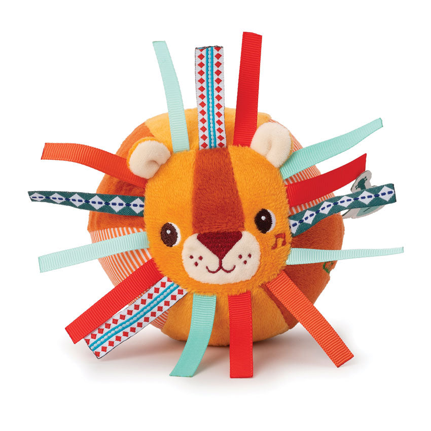 A colorful baby activity toy shaped like a lion with various textures and colorful ribbons attached to it.