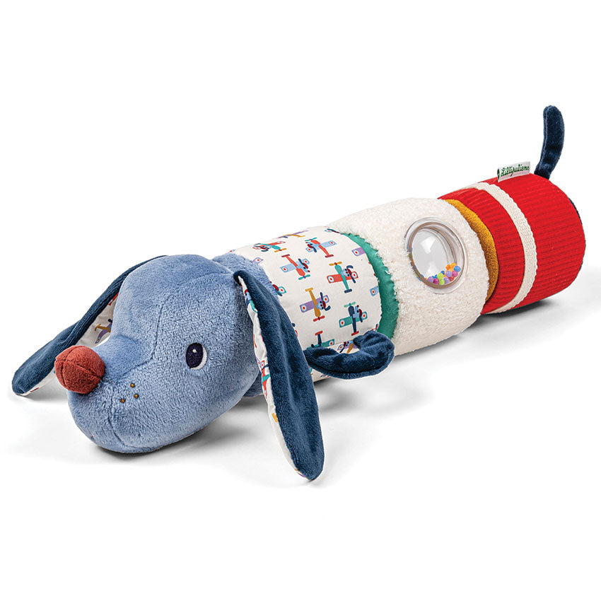 Plush toy with a blue face resembling a dog and colorful body on a white background
