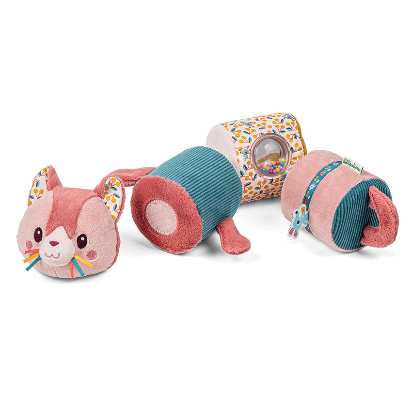 Plush toy cat with colorful patterns on a white background